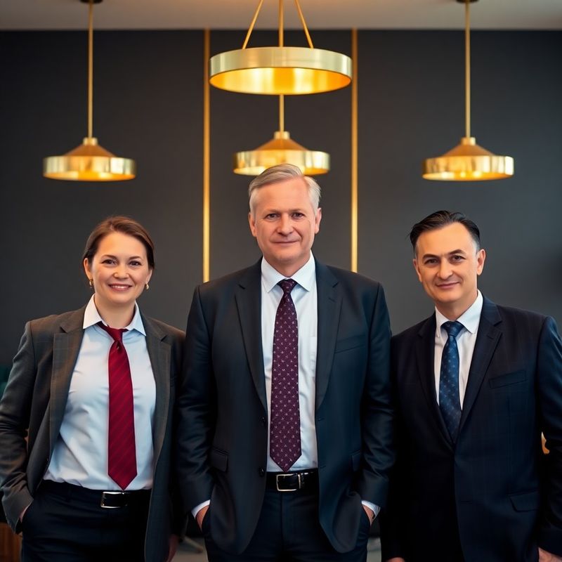 Grup de trei profesioniști financiari într-o sală de consiliu în tonuri charcoal, iluminare aurie