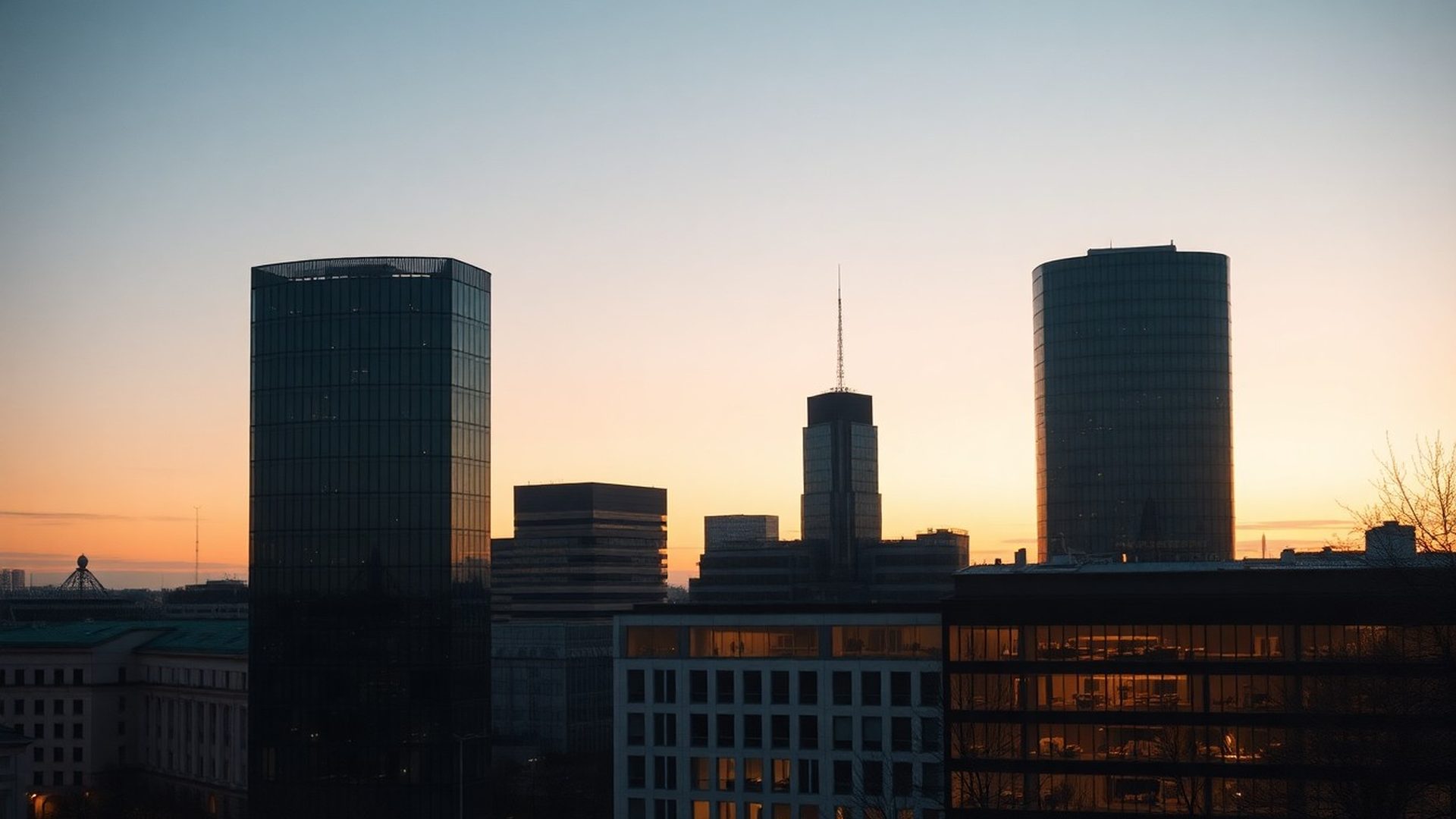 Panorama Cluj-Napoca la apus, atmosferă editorial-corporate în tonuri charcoal și auriu