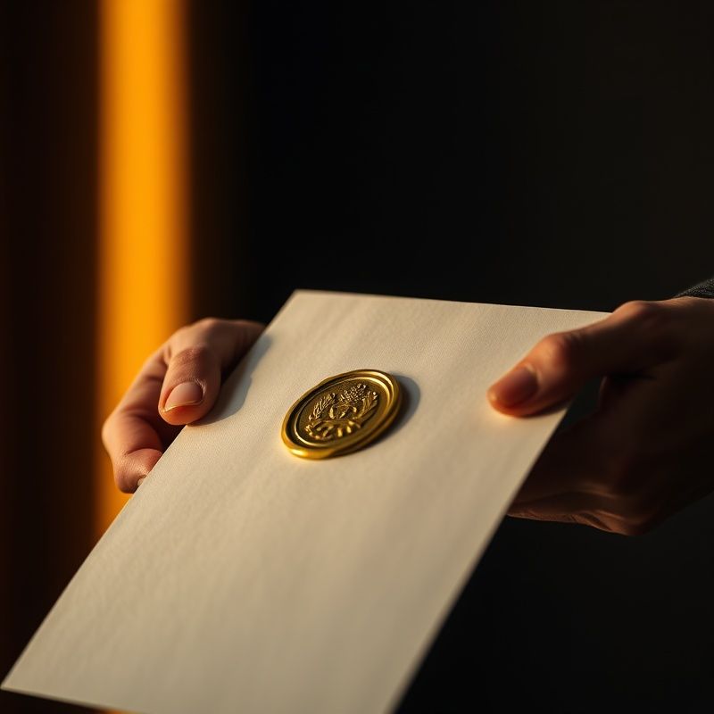 Macro cu mâini ținând un document oficial cu sigiliu auriu, fundal închis, iluminare laterală caldă