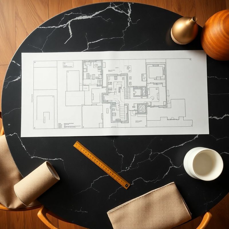 Planșe arhitecturale pe masă de marmură închisă, riglă și stilou aurii, atmosferă minimal-luxe
