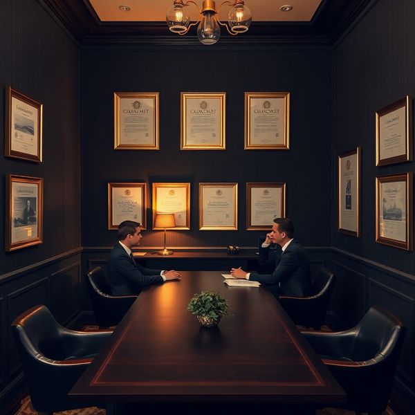 Interior de birou privat, doi profesioniști în discuție la un birou de lemn închis, atmosferă charcoal-gold